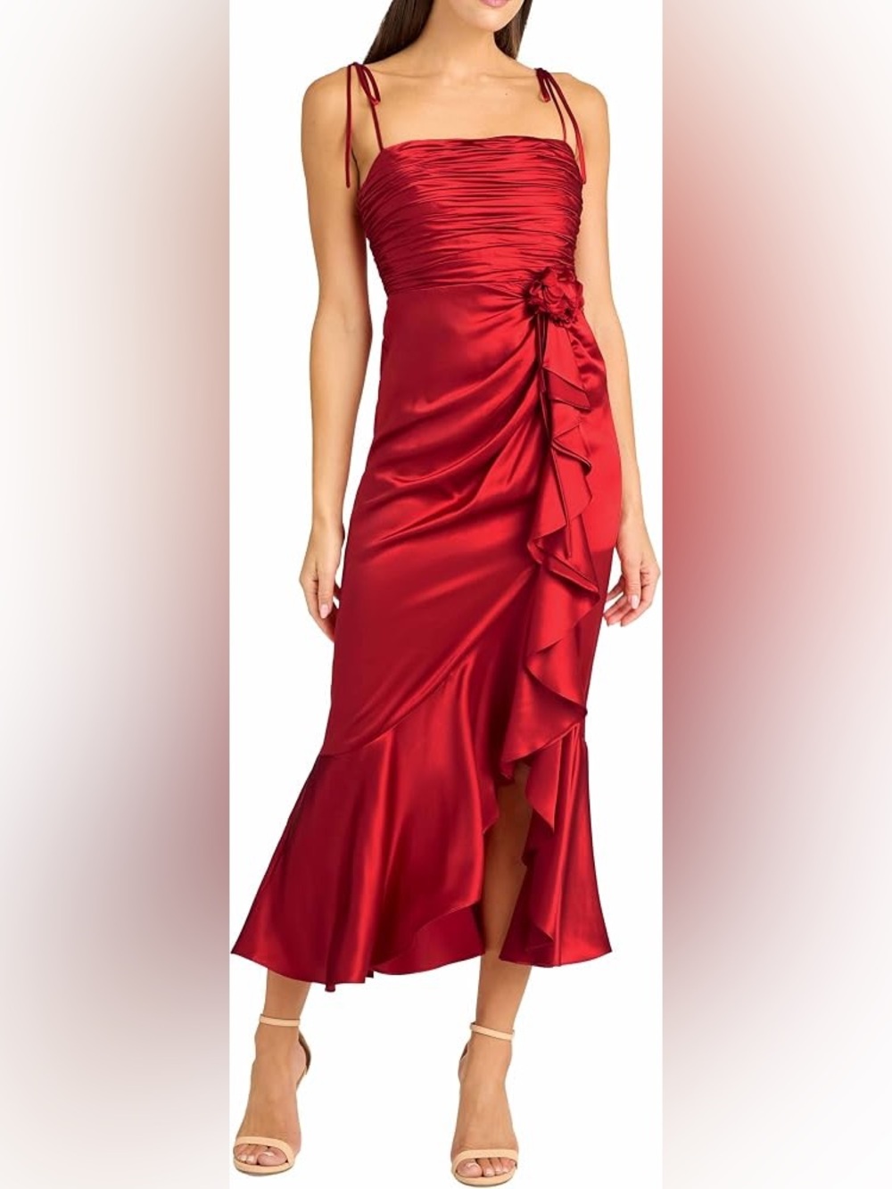 CINQ A SEPT Mireya Cherry Rose Red Satin Evening Dress Floral Ruffle Appliqué 8